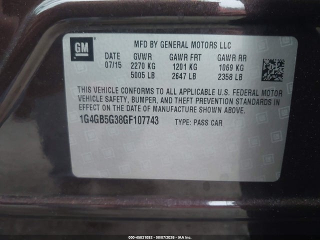 Продаж на аукціоні авто 2016 Buick Lacrosse Leather, vin: 1G4GB5G38GF107743, номер лоту: 45831092