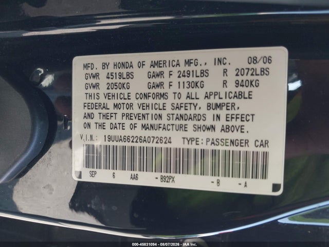 45831094 :رقم المزاد ، 19UUA66226A072624 vin ، 2006 Acura Tl مزاد بيع