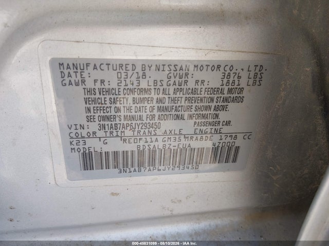 Aukcja sprzedaży 2018 Nissan Sentra S, vin: 3N1AB7AP6JY293450, numer aukcji: 45831099