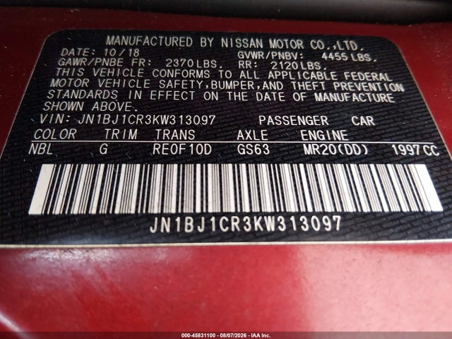 Продаж на аукціоні авто 2019 Nissan Rogue Sport S, vin: JN1BJ1CR3KW313097, номер лоту: 45831100