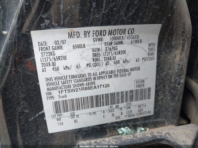 45831103 :رقم المزاد ، 1FTSW21R88EA17126 vin ، 2008 Ford Super Duty F-250 Srw Fx4/harley-davidson/king Ranch/lariat/xl/xlt مزاد بيع