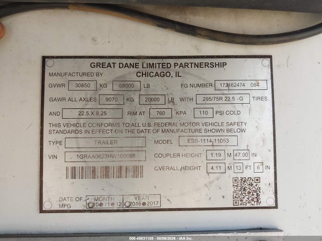 Продажа на аукционе авто 2017 Great Dane Trailers Reefer, vin: 1GRAA0623HW108668, номер лота: 45831105