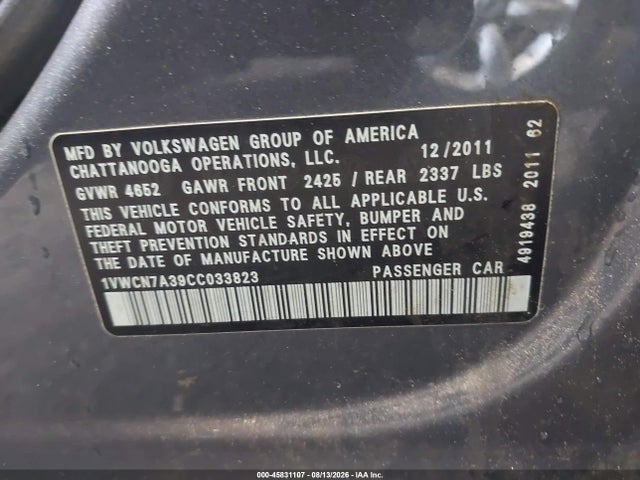 Продажа на аукционе авто 2012 Volkswagen Passat 2.0l Tdi Sel Premium, vin: 1VWCN7A39CC033823, номер лота: 45831107
