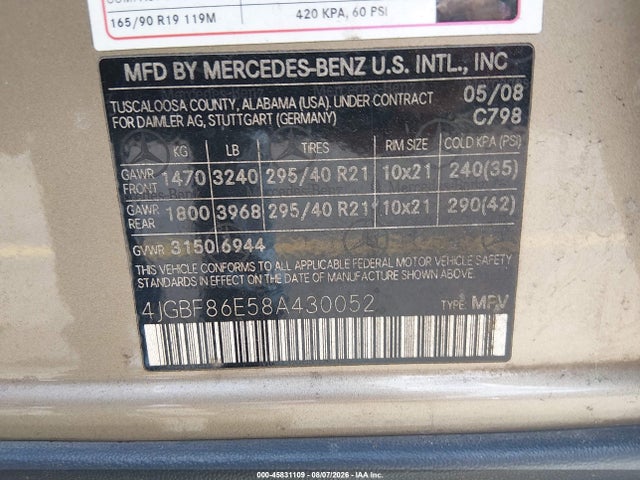 Продажа на аукционе авто 2008 Mercedes-benz Gl 550 4matic, vin: 4JGBF86E58A430052, номер лота: 45831109