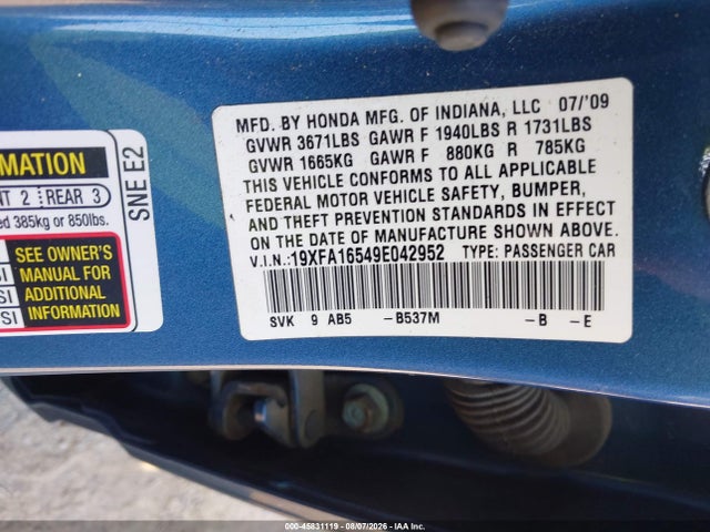 2009 Honda Civic Lx მანქანა იყიდება აუქციონზე, vin: 19XFA16549E042952, აუქციონის ნომერი: 45831119