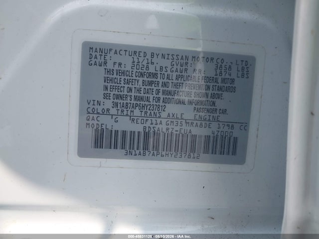 2017 Nissan Sentra Sr მანქანა იყიდება აუქციონზე, vin: 3N1AB7AP6HY237812, აუქციონის ნომერი: 45831125