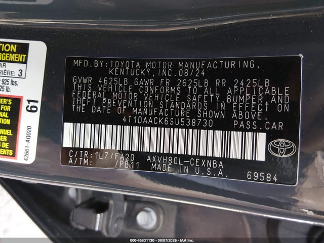 45831130 :رقم المزاد ، 4T1DAACK6SU538730 vin ، 2025 Toyota Camry Le مزاد بيع