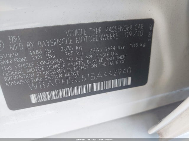 45831134 :رقم المزاد ، WBAPH5C51BA442940 vin ، 2011 Bmw 328i مزاد بيع
