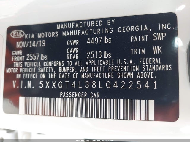 KIA Optima Lx 2020 5XXGT4L38LG422541 Image 9