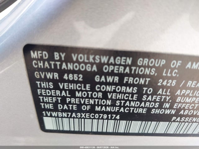 2014 Volkswagen Passat 2.0l Tdi Se მანქანა იყიდება აუქციონზე, vin: 1VWBN7A3XEC079174, აუქციონის ნომერი: 45831139