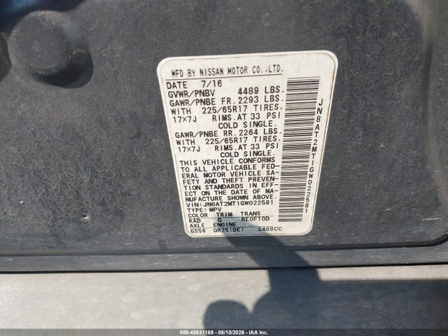 45831169 :رقم المزاد ، JN8AT2MT1GW022581 vin ، 2016 Nissan Rogue S مزاد بيع