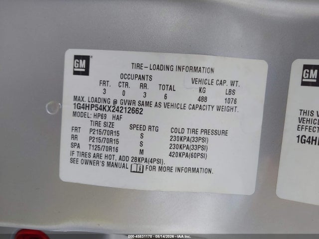 45831170 :رقم المزاد ، 1G4HP54KX24212662 vin ، 2002 Buick Lesabre Custom مزاد بيع