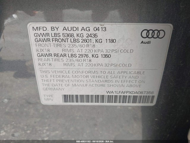 Продаж на аукціоні авто 2013 Audi Q5 2.0t Premium, vin: WA1LFAFPXDA087356, номер лоту: 45831182