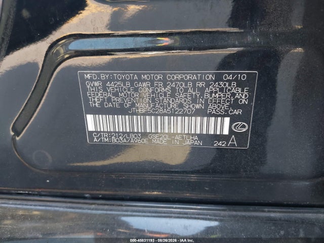 Aukcja sprzedaży 2010 Lexus Is 250, vin: JTHBF5C28A5122707, numer aukcji: 45831193