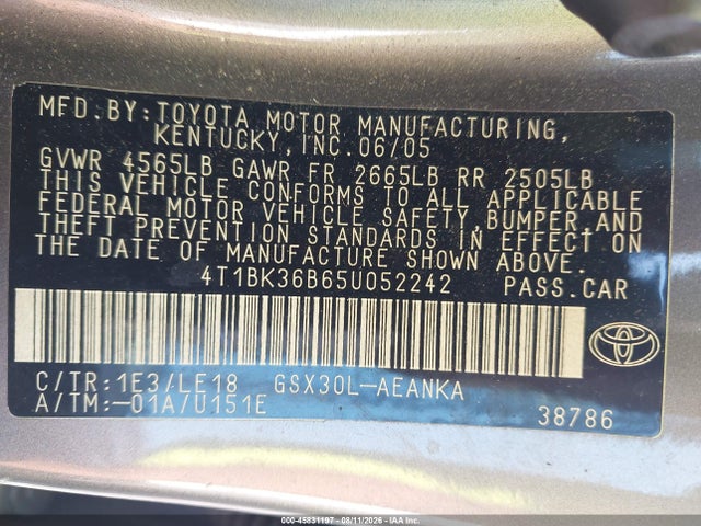 Продажа на аукционе авто 2005 Toyota Avalon Touring, vin: 4T1BK36B65U052242, номер лота: 45831197