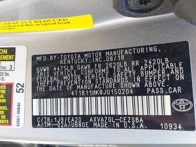 Toyota CAMRY SE 2018 4T1B11HK8JU150204 Image 9