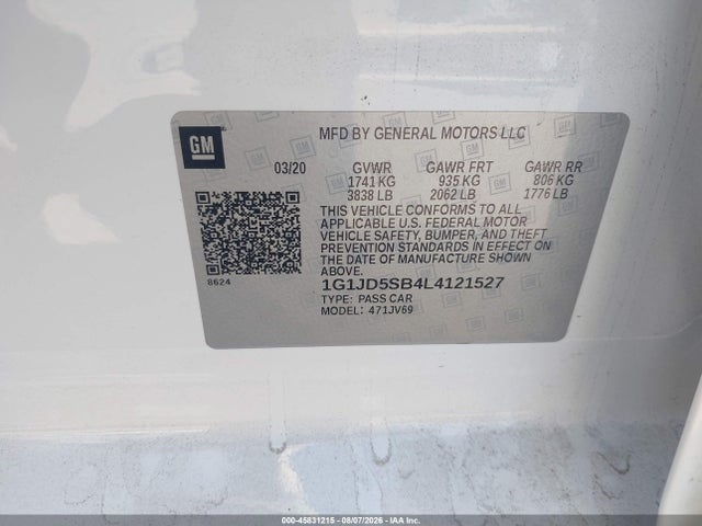 Продаж на аукціоні авто 2020 Chevrolet Sonic Fwd  Lt, vin: 1G1JD5SB4L4121527, номер лоту: 45831215