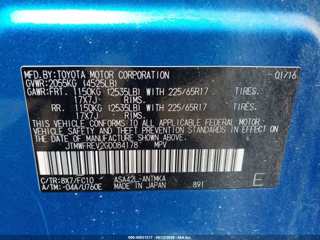 2016 Toyota Rav4 Xle მანქანა იყიდება აუქციონზე, vin: JTMWFREV2GD084178, აუქციონის ნომერი: 45831217