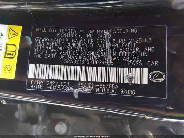 45831226 :رقم المزاد ، 58ABZ1B13KU034945 vin ، 2019 Lexus Es 350 Ultra Luxury مزاد بيع