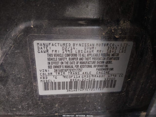 Продажа на аукционе авто 2014 Nissan Sentra Fe+ S/fe+ Sv/s/sl/sr/sv, vin: 3N1AB7AP7EY217757, номер лота: 45831227