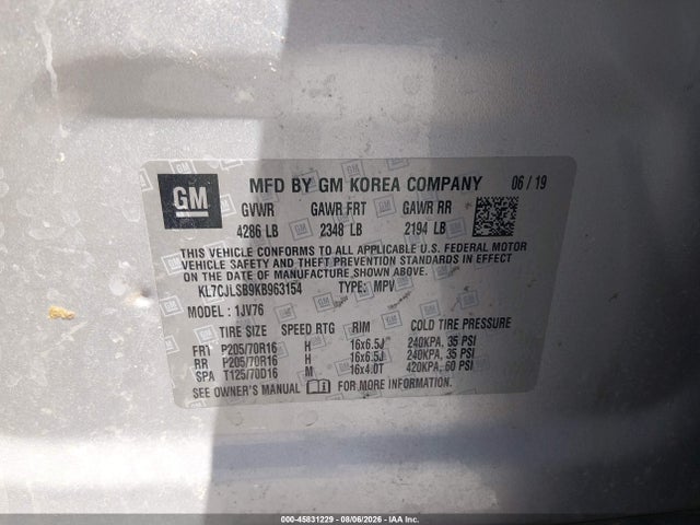 45831229 :رقم المزاد ، KL7CJLSB9KB963154 vin ، 2019 Chevrolet Trax Lt مزاد بيع