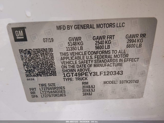 Продаж на аукціоні авто 2020 Gmc Sierra 2500hd 4wd  Standard Bed At4, vin: 1GT49PEY3LF120343, номер лоту: 45831232