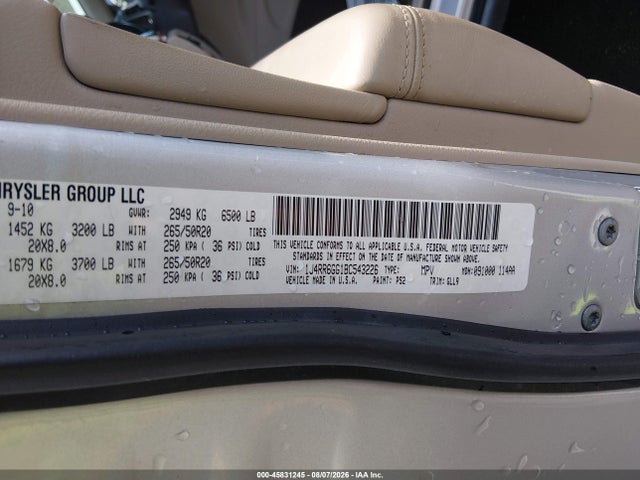 2011 Jeep Grand Cherokee Overland მანქანა იყიდება აუქციონზე, vin: 1J4RR6GG1BC543226, აუქციონის ნომერი: 45831245