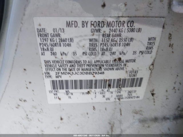 2013 Ford Edge Sel მანქანა იყიდება აუქციონზე, vin: 2FMDK3JC3DBB79348, აუქციონის ნომერი: 45831248