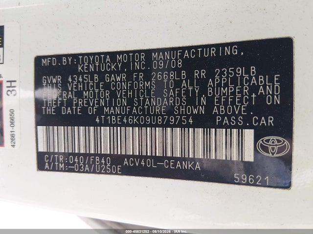 Продаж на аукціоні авто 2009 Toyota Camry Le, vin: 4T1BE46K09U879754, номер лоту: 45831252