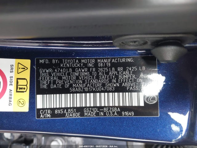 Aukcja sprzedaży 2019 Lexus Es 350 Luxury, vin: 58ABZ1B17KU047083, numer aukcji: 45831261
