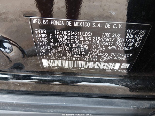 2026 Honda Hr-v Awd Lx მანქანა იყიდება აუქციონზე, vin: 3CZRZ2H32TM716742, აუქციონის ნომერი: 45831271