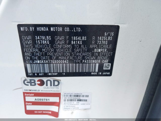 Продаж на аукціоні авто 2016 Honda Fit Ex, vin: JHMGK5H77GX000942, номер лоту: 45831273
