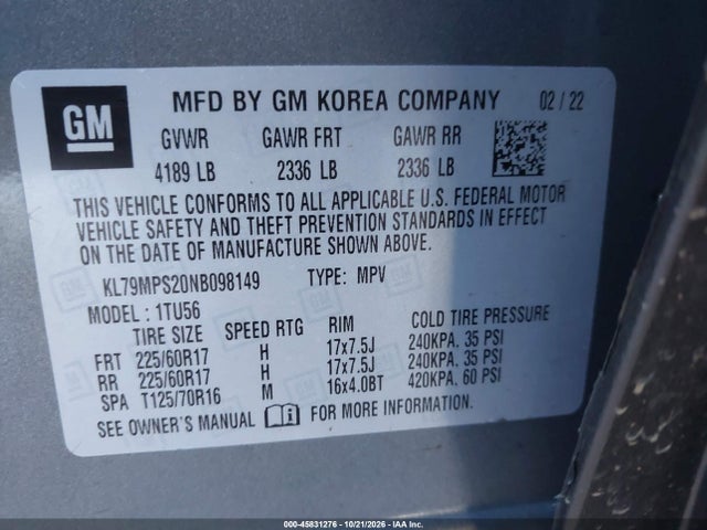 45831276 :رقم المزاد ، KL79MPS20NB098149 vin ، 2022 Chevrolet Trailblazer Lt مزاد بيع