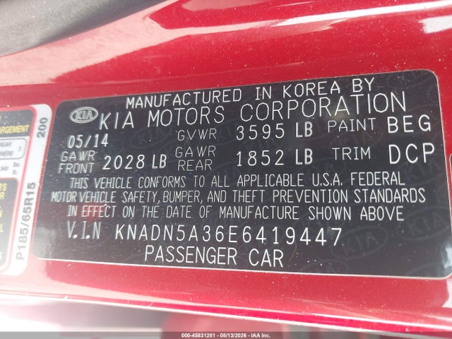Aukcja sprzedaży 2014 Kia Rio Ex, vin: KNADN5A36E6419447, numer aukcji: 45831281