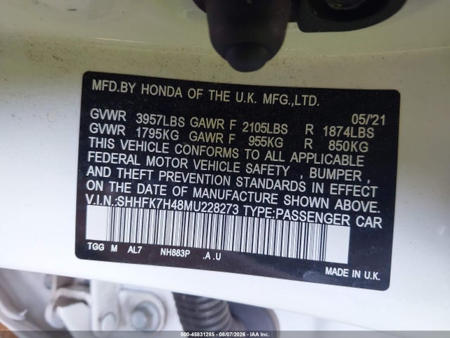 45831285 :رقم المزاد ، SHHFK7H48MU228273 vin ، 2021 Honda Civic Sport مزاد بيع