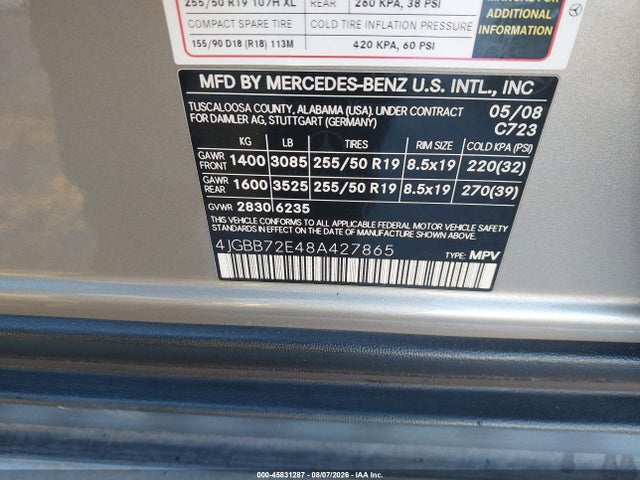 45831287 :رقم المزاد ، 4JGBB72E48A427865 vin ، 2008 Mercedes-benz Ml 550 4matic مزاد بيع