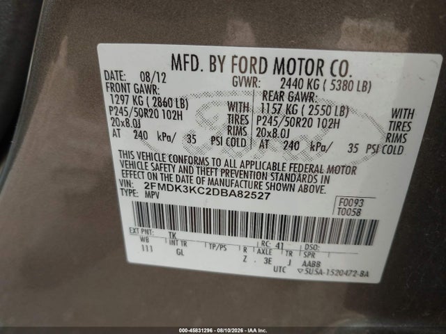 45831296 :رقم المزاد ، 2FMDK3KC2DBA82527 vin ، 2013 Ford Edge Limited مزاد بيع