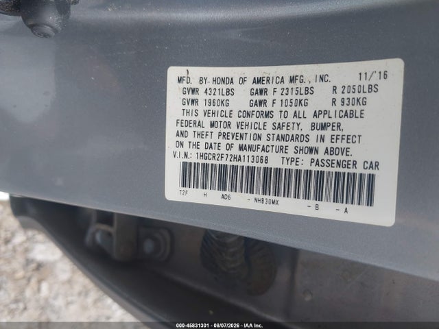 2017 Honda Accord Ex მანქანა იყიდება აუქციონზე, vin: 1HGCR2F72HA113068, აუქციონის ნომერი: 45831301