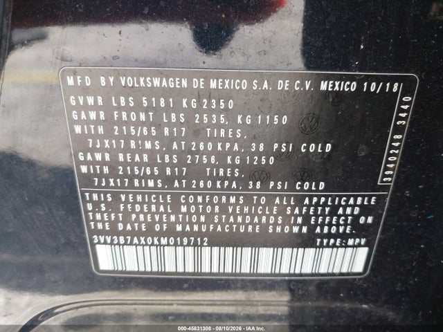 Aukcja sprzedaży 2019 Volkswagen Tiguan 2.0t Se/2.0t Sel/2.0t Sel R-line/2.0t Sel R-line Black, vin: 3VV3B7AX0KM019712, numer aukcji: 45831308