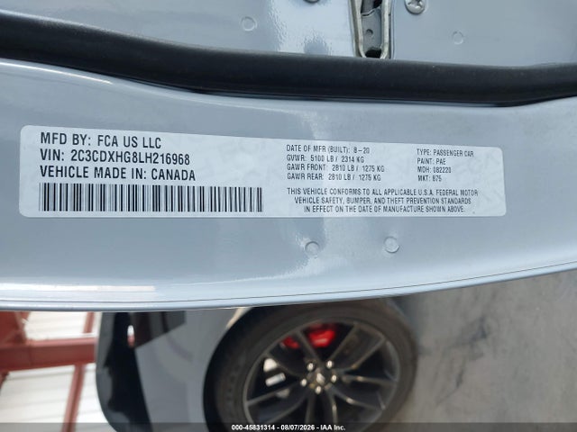 Продаж на аукціоні авто 2020 Dodge Charger Gt Rwd, vin: 2C3CDXHG8LH216968, номер лоту: 45831314