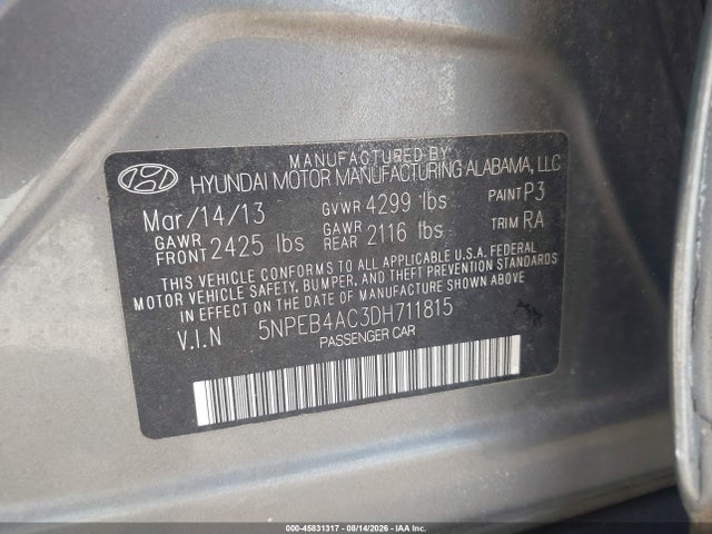 Aukcja sprzedaży 2013 Hyundai Sonata Gls, vin: 5NPEB4AC3DH711815, numer aukcji: 45831317