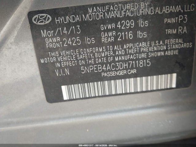 Aukcja sprzedaży 2013 Hyundai Sonata Gls, vin: 5NPEB4AC3DH711815, numer aukcji: 45831317