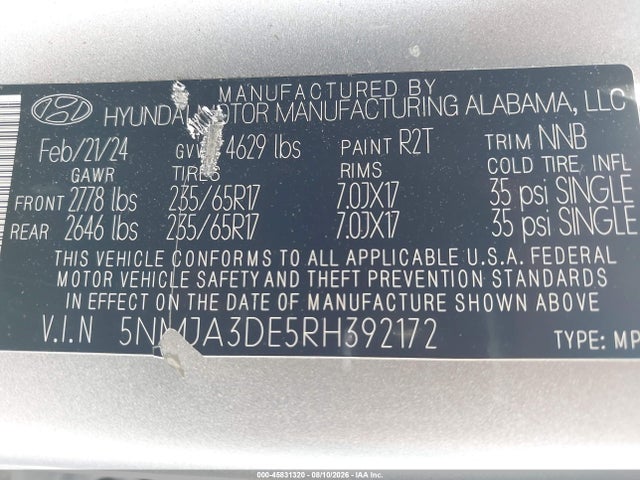 2024 Hyundai Tucson Se მანქანა იყიდება აუქციონზე, vin: 5NMJA3DE5RH392172, აუქციონის ნომერი: 45831320