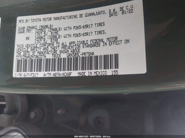 45831323 :رقم المزاد ، 3TYCZ5AN2NT063376 vin ، 2022 Toyota Tacoma Trd Sport مزاد بيع