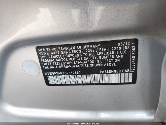 2013 Volkswagen Cc 2.0t Sport მანქანა იყიდება აუქციონზე, vin: WVWBP7AN3DE517597, აუქციონის ნომერი: 45831353