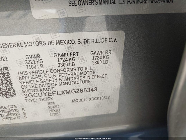 2021 Chevrolet Silverado 1500 4wd  Short Bed Rst მანქანა იყიდება აუქციონზე, vin: 3GCUYEELXMG265343, აუქციონის ნომერი: 45831354