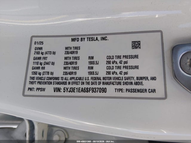 5YJ3E1EA6SF937090 Tesla MODEL 3