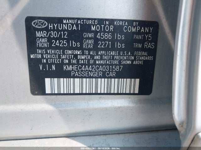 Продаж на аукціоні авто 2012 Hyundai Sonata Hybrid, vin: KMHEC4A42CA031587, номер лоту: 45831361