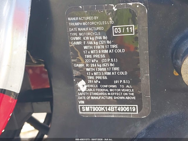 Продаж на аукціоні авто 2011 Triumph Motorcycle Bonneville, vin: SMT900K14BT490619, номер лоту: 45831373