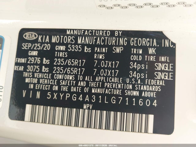 2020 Kia Sorento 2.4l L მანქანა იყიდება აუქციონზე, vin: 5XYPG4A31LG711604, აუქციონის ნომერი: 45831375